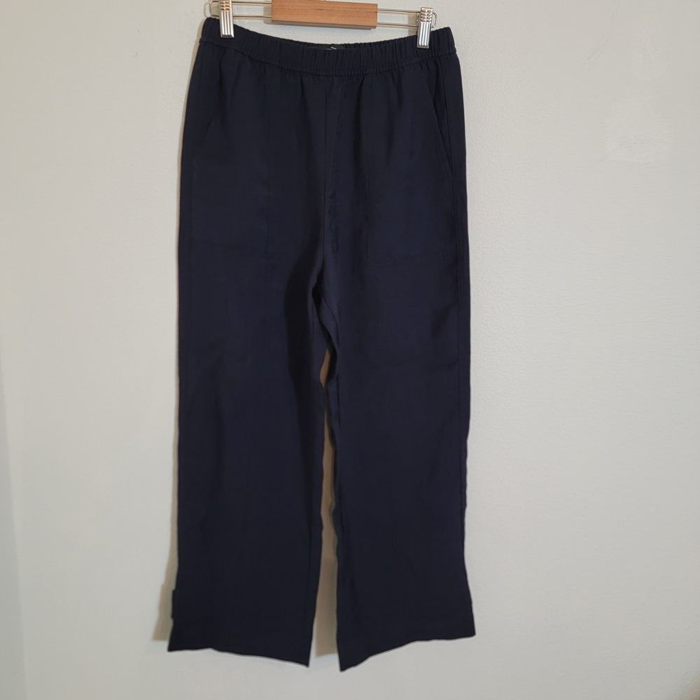ZARA Navy Blue Cropped Wide Leg Pant Elastic Waist Women XS Casual Coastal Beach